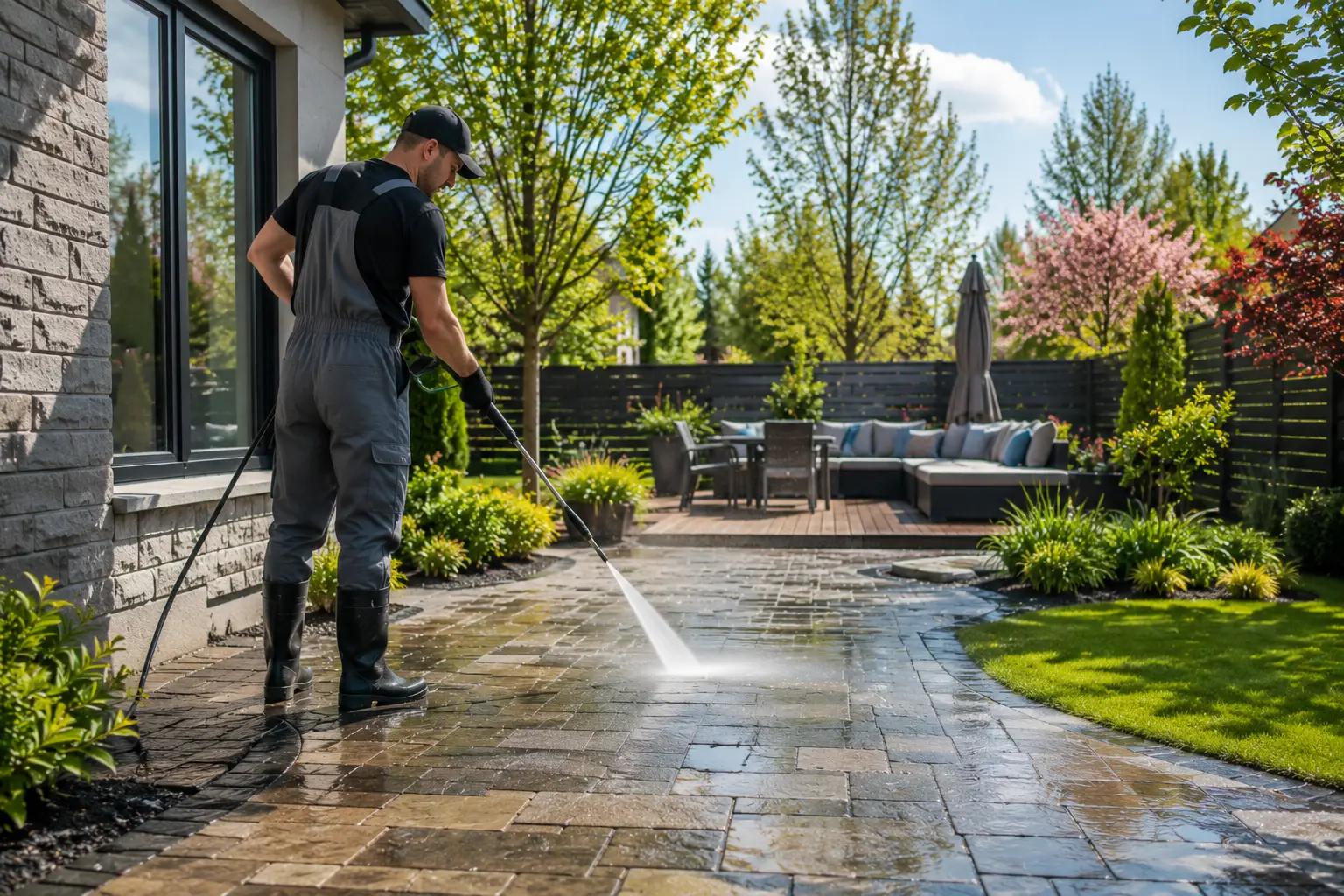 Nettoyage professionnel d'une allée et d'une terrasse extérieure par SANIPRO